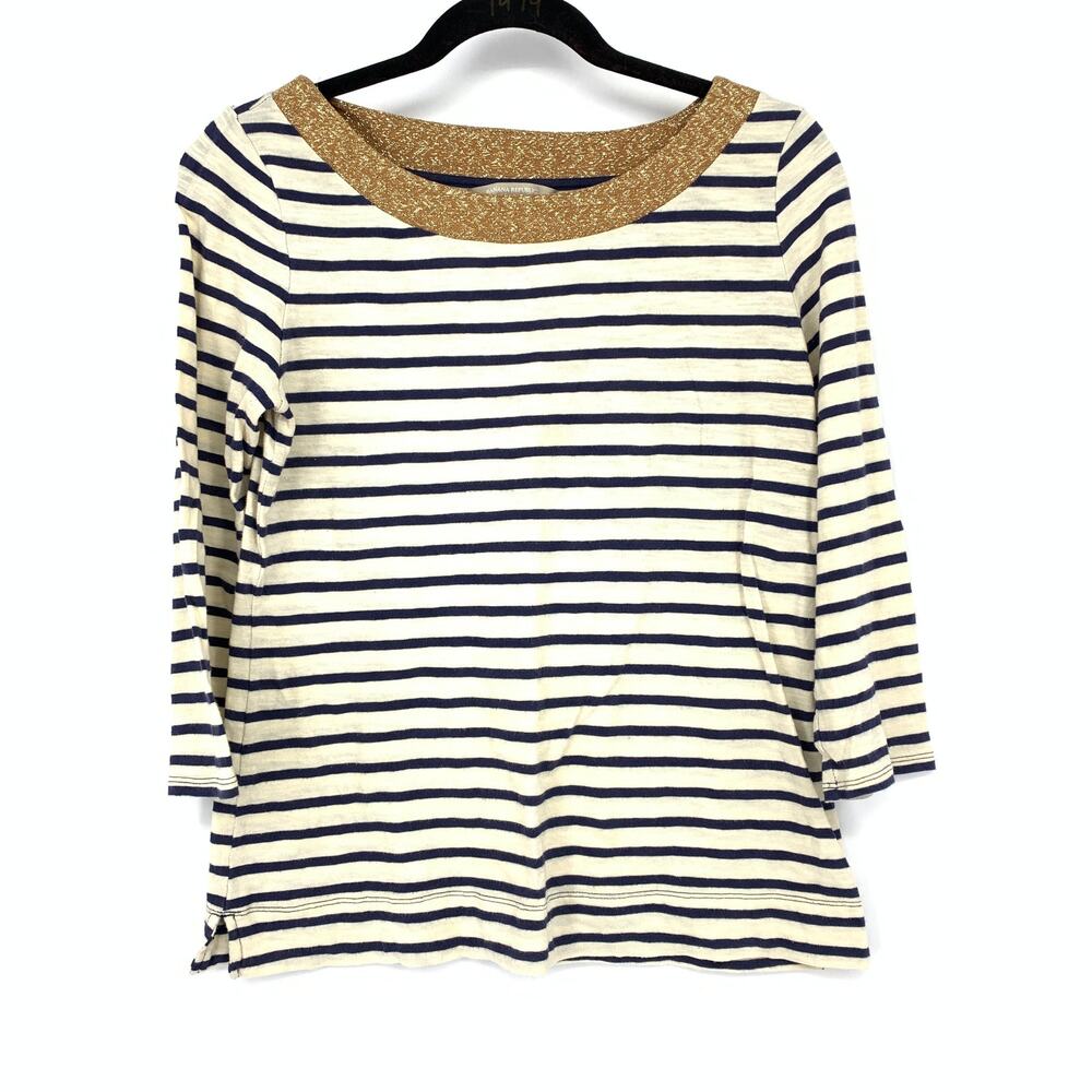Banana Republic Boatneck 3/4 Sleeve T-Shirt Sz S Blue Oatmeal Stripe Gold Collar
